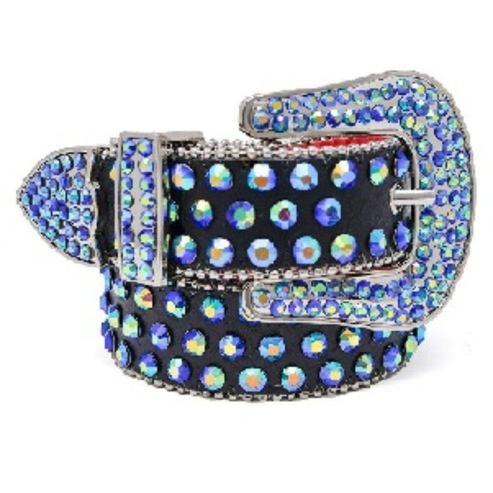 🆕 GENUINE BLACK LEATHER BELT WITH BLUE STONES - MEN